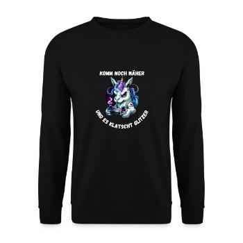 Einhorn - Komm noch näher und es klatscht Glitzer - Unisex Pullover - Schwarz - Vorne - Alina (178cm) & Michal (187cm)