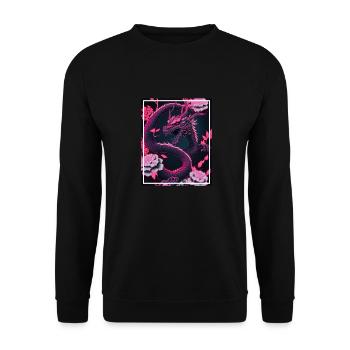 Drachen Japan Kirschblüte Berge Neon Retro Fabel - Unisex Pullover - Schwarz - Vorne - Alina (178cm) & Michal (187cm)