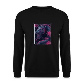 Drachen Japan Kirschblüte Berge Neon Retro Fabel - Unisex Pullover - Schwarz - Vorne - Alina (178cm) & Michal (187cm)