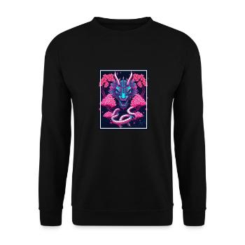 Drachen Japan Kirschblüte Berge Neon Retro Fabel - Unisex Pullover - Schwarz - Vorne - Alina (178cm) & Michal (187cm)