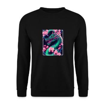 Drachen Japan Kirschblüte Berge Neon Retro Fabel - Unisex Pullover - Schwarz - Vorne - Alina (178cm) & Michal (187cm)