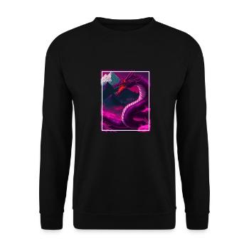 Drachen Japan Kirschblüte Berge Neon Retro Fabel - Unisex Pullover - Schwarz - Vorne - Alina (178cm) & Michal (187cm)