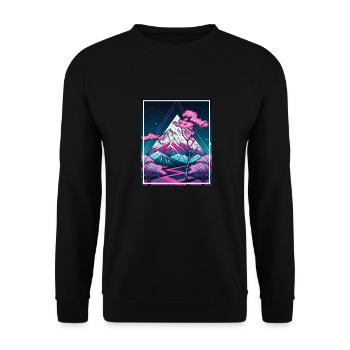 Geometrisch Japan Kirschblüte Berge Neon Fabel - Unisex Pullover - Schwarz - Vorne - Alina (178cm) & Michal (187cm)