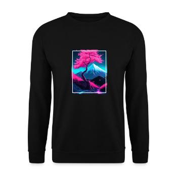 Fantasie Japan Kirschblüte Berge Neon Retro Fabel - Unisex Pullover - Schwarz - Vorne - Alina (178cm) & Michal (187cm)
