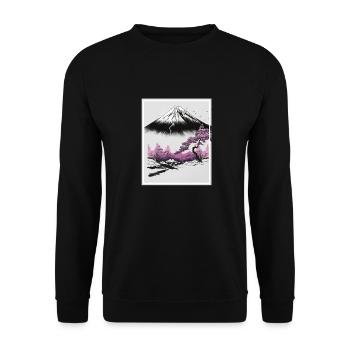 Fantasie Japan Kirschblüte Berge Neon Retro Fabel - Unisex Pullover - Schwarz - Vorne - Alina (178cm) & Michal (187cm)