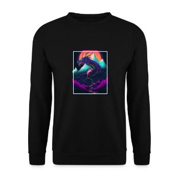 Drachen Japan Kirschblüte Berge Neon Retro Fabel - Unisex Pullover - Schwarz - Vorne - Alina (178cm) & Michal (187cm)