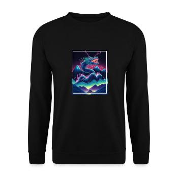 Drachen Japan Kirschblüte Berge Neon Retro Fabel - Unisex Pullover - Schwarz - Vorne - Alina (178cm) & Michal (187cm)