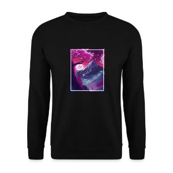 Fantasie Japan Kirschblüte Berge Neon Retro Fabel - Unisex Pullover - Schwarz - Vorne - Alina (178cm) & Michal (187cm)