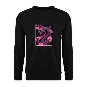 Drachen Japan Kirschblüte Berge Neon Retro Fabel - Unisex Pullover - Schwarz - Vorne - Alina (178cm) & Michal (187cm)