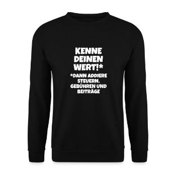 Lustiger Spruch Für Deutsche Kenne Deinen Wert - Unisex Pullover - Schwarz - Vorne - Alina (178cm) & Michal (187cm)