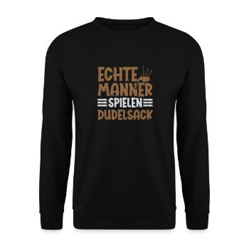 Echte Männer Spielen Dudelsack Instrument - Unisex Pullover - Schwarz - Vorne - Alina (178cm) & Michal (187cm)