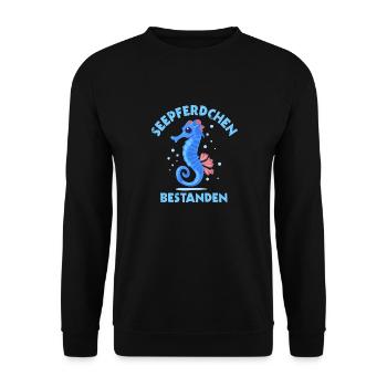 Seepferdchen-Abzeichen Schwimmabzeichen - Unisex Pullover - Schwarz - Vorne - Alina (178cm) & Michal (187cm)