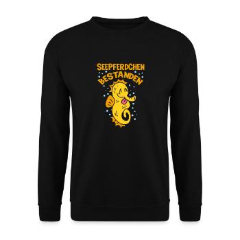 Seepferdchen-Abzeichen Schwimmabzeichen Schwimmen - Unisex Pullover - Schwarz - Vorne - Alina (178cm) & Michal (187cm)