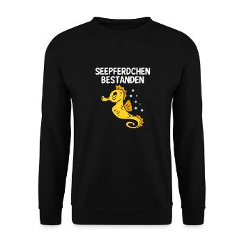 Seepferdchen-Abzeichen Schwimmabzeichen - Unisex Pullover - Schwarz - Vorne - Alina (178cm) & Michal (187cm)