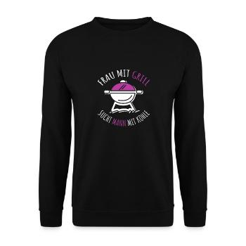 Frau Mit Grill Sucht Mann Mit Kohle Single Grillen - Unisex Pullover - Schwarz - Vorne - Alina (178cm) & Michal (187cm)
