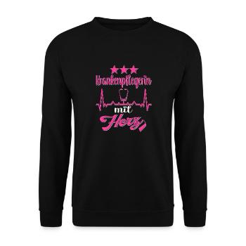 Krankenpflegerin mit Herz Pflegerin Pflegekraft - Unisex Pullover - Schwarz - Vorne - Alina (178cm) & Michal (187cm)