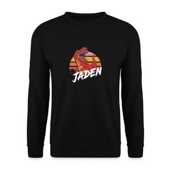 JADEN - Schöner Jungen Name mit T-REX Dino - Unisex Pullover - Schwarz - Vorne - Alina (178cm) & Michal (187cm)