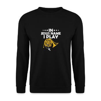 In Jesus Name I Play Horn Player Hornist - Unisex Pullover - Schwarz - Vorne - Alina (178cm) & Michal (187cm)