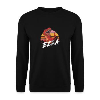 EZRA - Schöner Jungen Name mit T-REX Dino - Unisex Pullover - Schwarz - Vorne - Alina (178cm) & Michal (187cm)