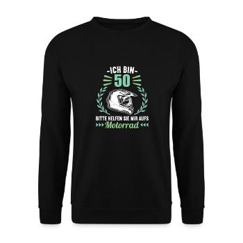 Ich bin 50 bitte helfen auf Motorrad 50 Geburtstag - Unisex Pullover - Schwarz - Vorne - Alina (178cm) & Michal (187cm)