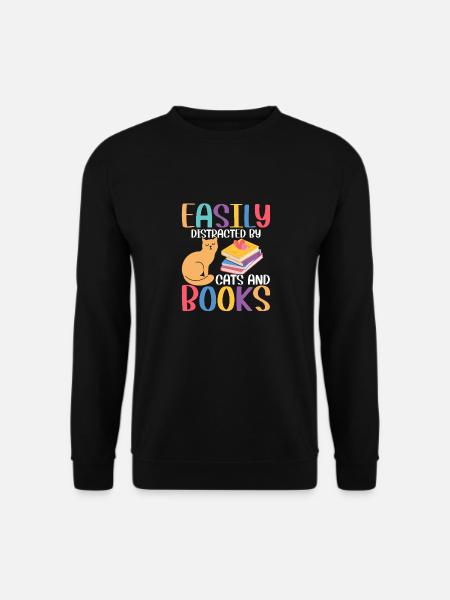 Easily Distracted By Cats And Books Book Lover Rea - Unisex Pullover - Schwarz
