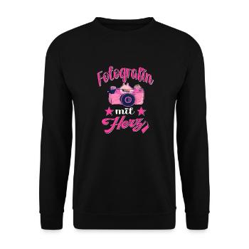 Fotografin mit Herz Kamera Fotografieren - Unisex Pullover - Schwarz - Vorne - Alina (178cm) & Michal (187cm)