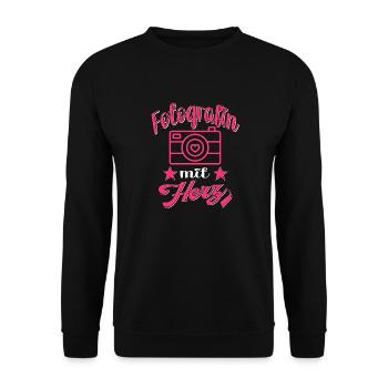 Fotografin mit Herz Kamera Fotografieren - Unisex Pullover - Schwarz - Vorne - Alina (178cm) & Michal (187cm)