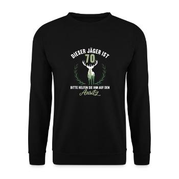 70 Jahre helfen auf Hochsitz 70 Geburtstag Jäger - Unisex Pullover - Schwarz - Vorne - Alina (178cm) & Michal (187cm)