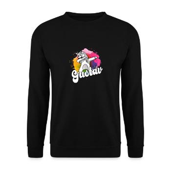 GUSTAV - Schöner Jungen Name mit Coolem Einhorn - Unisex Pullover - Schwarz - Vorne - Alina (178cm) & Michal (187cm)