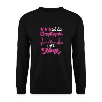 Pflegerin Altenpflegerin mit Herz Pflegekraft - Unisex Pullover - Schwarz - Vorne - Alina (178cm) & Michal (187cm)