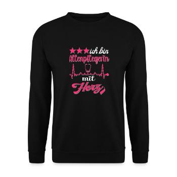 Pflegerin Altenpflegerin mit Herz Pflegekraft - Unisex Pullover - Schwarz - Vorne - Alina (178cm) & Michal (187cm)