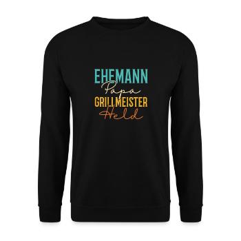 Ehemann Papa Grillmeister - Unisex Pullover - Schwarz - Vorne - Alina (178cm) & Michal (187cm)