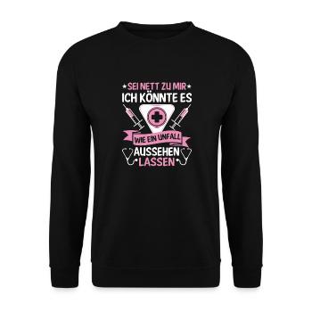 Lustiger Krankenschwester Pflegerin Spruch Pflege - Unisex Pullover - Schwarz - Vorne - Alina (178cm) & Michal (187cm)