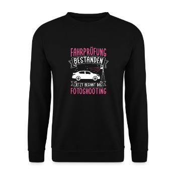 Fahrprüfung Bestanden Führerschein Autofans Fahran - Unisex Pullover - Schwarz - Vorne - Alina (178cm) & Michal (187cm)