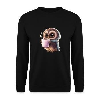 Süße Kaffee Eule, nachtaktive Eule, die Kaffee lie - Unisex Pullover - Schwarz - Vorne - Alina (178cm) & Michal (187cm)