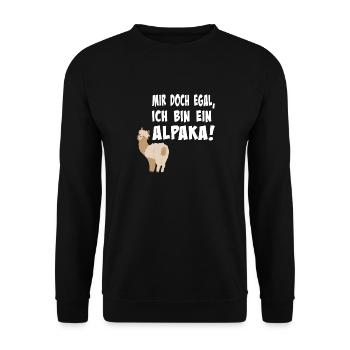 Alpaka, Mir doch egal, ich bin ein Alpaka - Unisex Pullover - Schwarz - Vorne - Alina (178cm) & Michal (187cm)