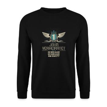1 Jahr verheiratet weiß alles 1.Hochzeitstag - Unisex Pullover - Schwarz - Vorne - Alina (178cm) & Michal (187cm)