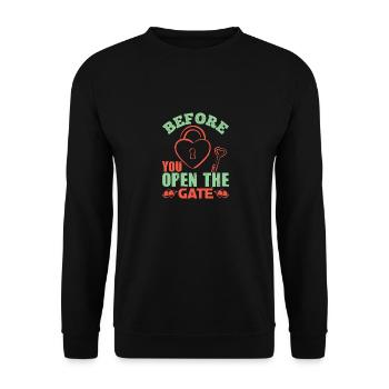 BEFORE YOU OPEN THE GATE KEY - Unisex Sweatshirt - black - Front - Alina (178cm) & Michal (187cm)