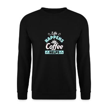 DAS LEBEN PASSIERT KAFFEE HILFT - Unisex Pullover - Schwarz - Vorne - Alina (178cm) & Michal (187cm)