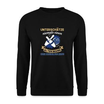 Unterschätze Niemals Einen Alten Mann Der Kegeln - Unisex Pullover - Schwarz - Vorne - Alina (178cm) & Michal (187cm)