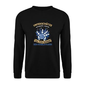 Unterschätze Niemals Einen Alten Mann Der Kegeln - Unisex Pullover - Schwarz - Vorne - Alina (178cm) & Michal (187cm)
