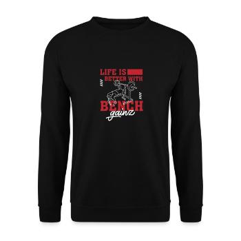 Leben mit Benchpress Gainz Gym Training - Unisex Pullover - Schwarz - Vorne - Alina (178cm) & Michal (187cm)