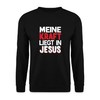 Meine Kraft liegt in Jesus | Bibel Sprüche Yeshua - Unisex Pullover - Schwarz - Vorne - Alina (178cm) & Michal (187cm)