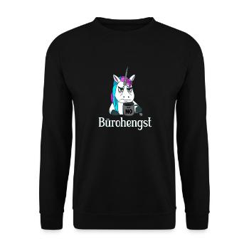 bürohengst lustiges Einhorn für die Arbeit - Unisex Pullover - Schwarz - Vorne - Alina (178cm) & Michal (187cm)