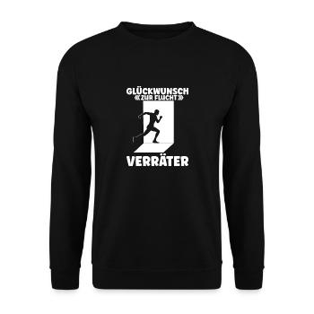 Glückwunsch zur Flucht Verräter! Abschiedsgeschenk - Unisex Pullover - Schwarz - Vorne - Alina (178cm) & Michal (187cm)