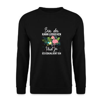 Bin Da Kann Losgehen Und Ja Es Eskaliert Eh - Unisex Pullover - Schwarz - Vorne - Alina (178cm) & Michal (187cm)