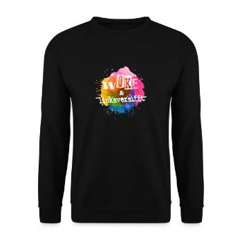 Selbstironie: WOKE & linksversifft - Unisex Pullover - Schwarz - Vorne - Alina (178cm) & Michal (187cm)