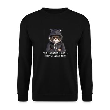 Böse guckende Katze, Nett kann ich auch - Unisex Pullover - Schwarz - Vorne - Alina (178cm) & Michal (187cm)