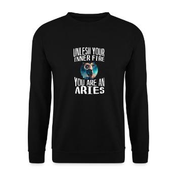 befreie dein Feuer, du bist ein Aries - Unisex Pullover - Schwarz - Vorne - Alina (178cm) & Michal (187cm)
