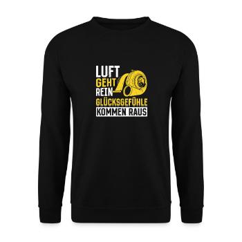 Luft geht rein Glücksgefühle kommen raus! Tuning - Unisex Pullover - Schwarz - Vorne - Alina (178cm) & Michal (187cm)